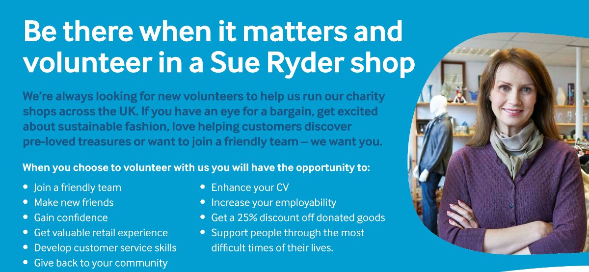 Information on the benefits for volunteering for Sue Ryder.